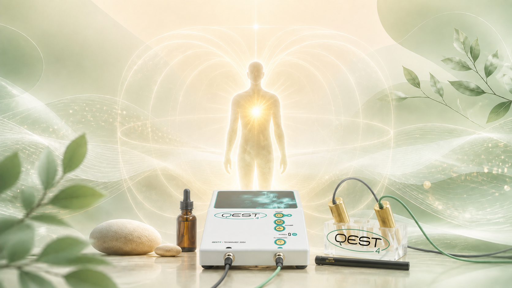 Soft waves of sage-green energy radiating around a human silhouette with a glowing heart center, smooth river stones, and green leaves
