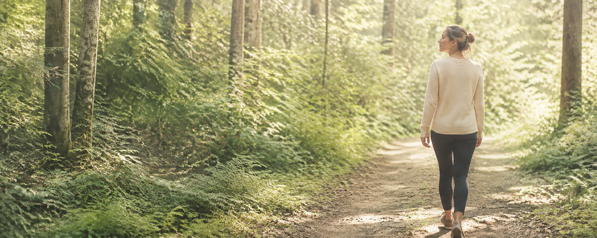 A woman walking a sunlit forest trail