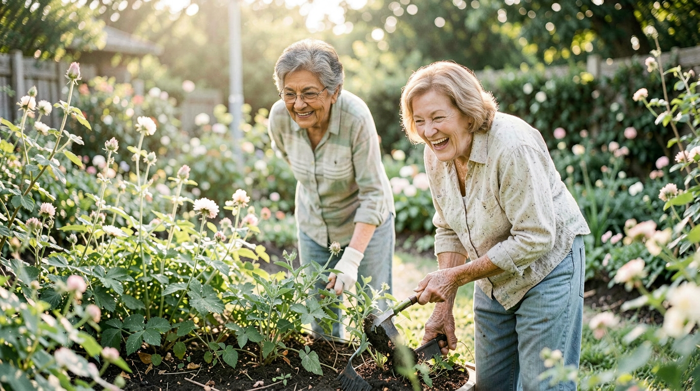 An older couple laughing while gardening together